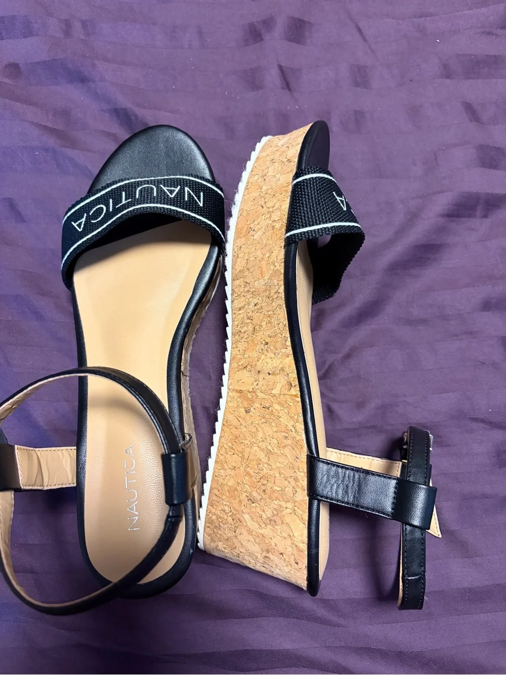 Nautica Soraya Black Cork Platform Wedge Sandals Logo Strap Women’s Size 9
